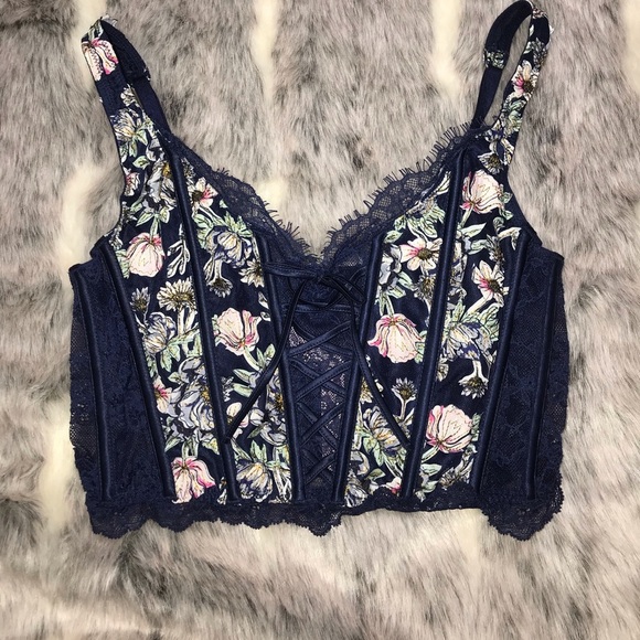 VS dream angel unlined lace up Corset bra top  small navy floral - Picture 4 of 7